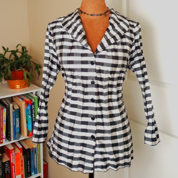 Black & White Gingham Tailored Designer Button Up Blouse Beluva by Firuze USA - Picture 1 of 6